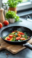 Vibrant herb-infused omelette in a skillet a culinary delight with fresh ingredients