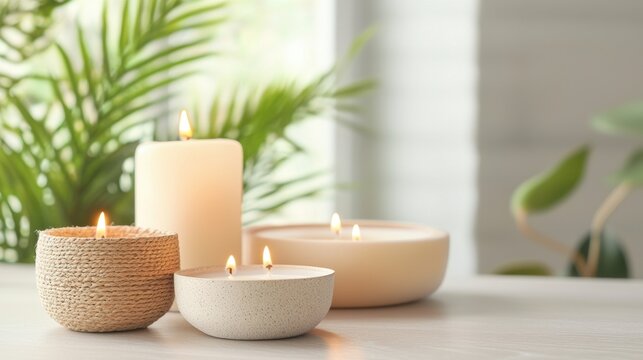 Balanced lifestyle through digital detox and reduced screen time concept. A serene display of glowing candles in natural holders surrounded by lush greenery 