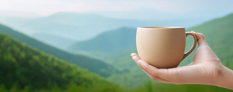 Balanced lifestyle through digital detox and reduced screen time concept. A serene hand holds a rustic cup against a backdrop of lush green mountains and a tranquil sky