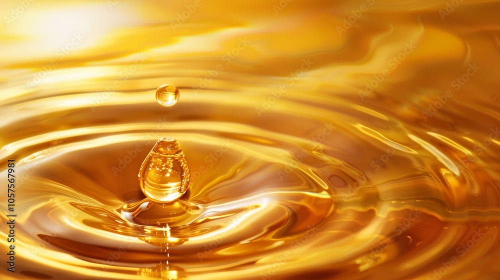 Poster golden serum drop creating ripples around a shiny ball close-up photo with clean background