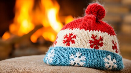 Knit hat with snowflake designs in classic Christmas colors, lying by the fireplace