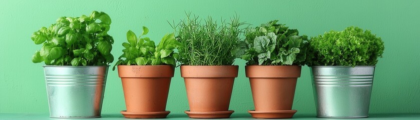 Balanced lifestyle through digital detox and reduced screen time concept. A vibrant display of potted herbs showcasing various greens against a soft green backdrop