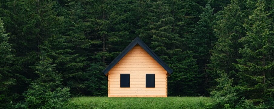 Balanced lifestyle through digital detox and reduced screen time concept. A serene wooden house nestled among dense green trees offering a cozy retreat in nature