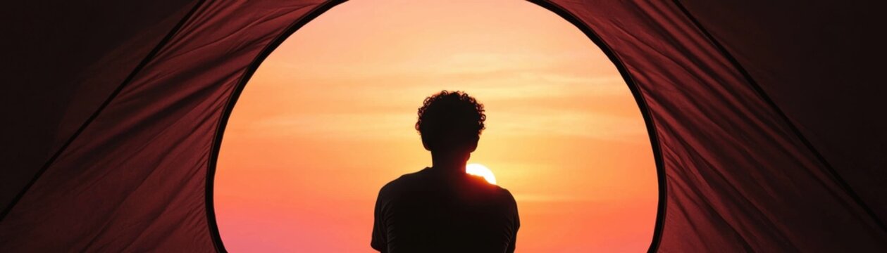 Balanced lifestyle through digital detox and reduced screen time concept. A silhouette of a person inside a tent watching a beautiful sunset creating a tranquil and reflective atmosphere