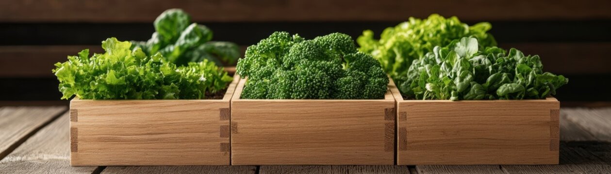 Balanced lifestyle through digital detox and reduced screen time concept. A wooden box contains fresh green vegetables including broccoli surrounded by leafy greens set on a wooden surface