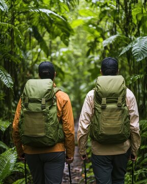 Balanced lifestyle through digital detox and reduced screen time concept. Two hikers with backpacks walk through a lush green forest path surrounded by vibrant foliage