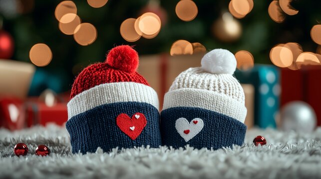 Matching couples Christmas hats with halfheart designs that form a whole heart