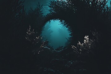 Fototapeta premium A circular opening in a dark underwater coral reef leads to a mysterious blue light.
