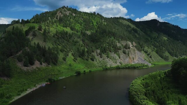 A high-angle drone footage of the beautiful Mana river in siberia, Russia