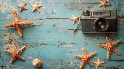 Capturing memories vintage camera surrounded by coastal treasures