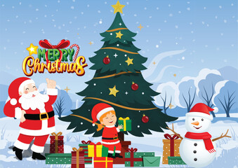 Vector grandfather Santa Claus with children and snowman in front of gifts preparing to welcome Merry Christmas