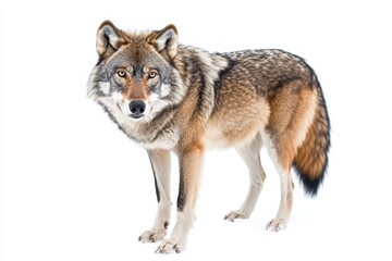 Fototapeta premium A solitary wolf is prominently featured, showcasing its striking markings and intense gaze. The animal stands still, highlighting its majesty and natural beauty in a minimalist setting.