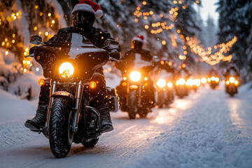 Biker Gathering At A Winter Festival, With Motorcycles Lined Up And Bikers Celebrating Together, Wearing Santa Hats And Exchanging Gifts Amidst Festive Decorations