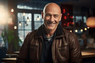Obraz premium Portrait of a happy man in his 50s wearing a trendy bomber jacket while standing against stylized simple home office background
