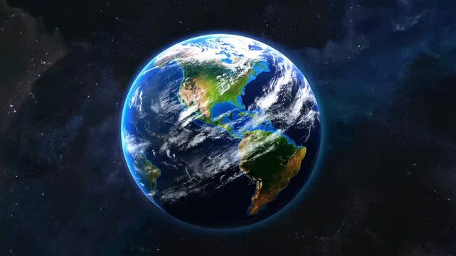 Earth Zoom in from outer space to city. 3d animation through clouds and atmosphere. Satellite View of planet at night. Background for travel intro. Approaching globe. Enlarge video.