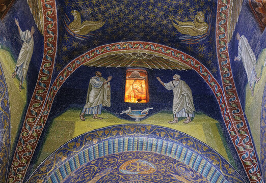 Artwork on vaulted ceiling inside the 5th Century, Mausoleo di Galla Placidia in Ravenna, Italy