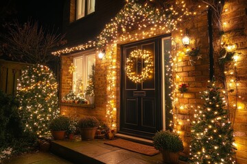 Festively decorated house with Christmas lights and decorations in the UK, showcasing holiday spirit and vibrant colors.
