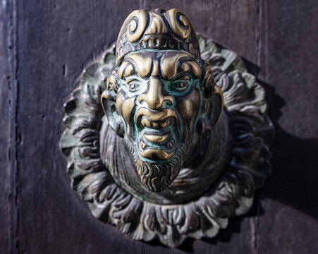 Close-up of Grotesque style door handle in Venice; Venice, Venice Province, Veneto Region, Italy