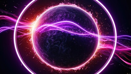 Obraz premium Abstract neon energy sphere of particles and waves of magical glowing on a dark background, circle and loop frames with magic purple and pink flame and sparks