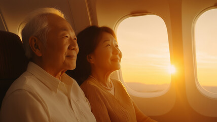 Fototapeta premium Elderly couple enjoying a beautiful sunset from their airplane window during a relaxing flight
