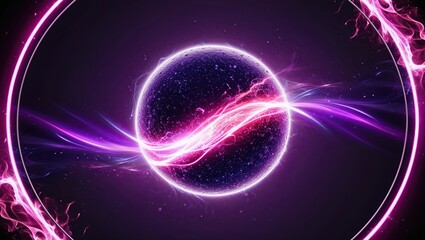 Obraz premium Abstract neon energy sphere of particles and waves of magical glowing on a dark background, circle and loop frames with magic purple and pink flame and sparks