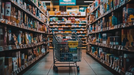 Naklejka premium Shopping Cart in Supermarket Aisle Full of Groceries