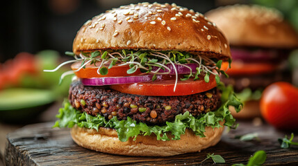 Colorful Background Showcasing A Delicious Vegetarian Hamburger Stacked High With A Black Bean Patty, Fresh Lettuce, Tomatoes, Avocado, And Sprouts, Set Against A Rustic Wooden Table
