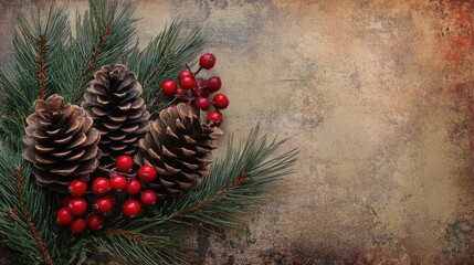 A vibrant composition featuring pine cones red berries and evergreen branches set against a textured background ideal for seasonal festive imagery
