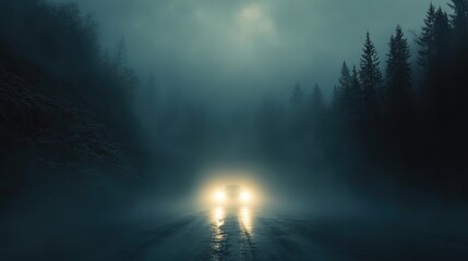 Fototapeta premium Car headlights piercing through dense fog