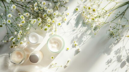 Simple skincare mockup with herbal products, clean background, serene ambiance Close-up photo with clean background