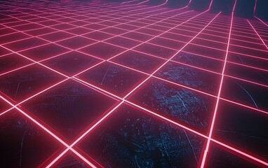 Futuristic neon grid landscape with glowing lines on a dark background creating a surreal digital environment at night