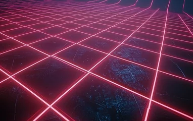 Fotobehang Futuristic neon grid landscape with glowing lines on a dark background creating a surreal digital environment at night © BYAI