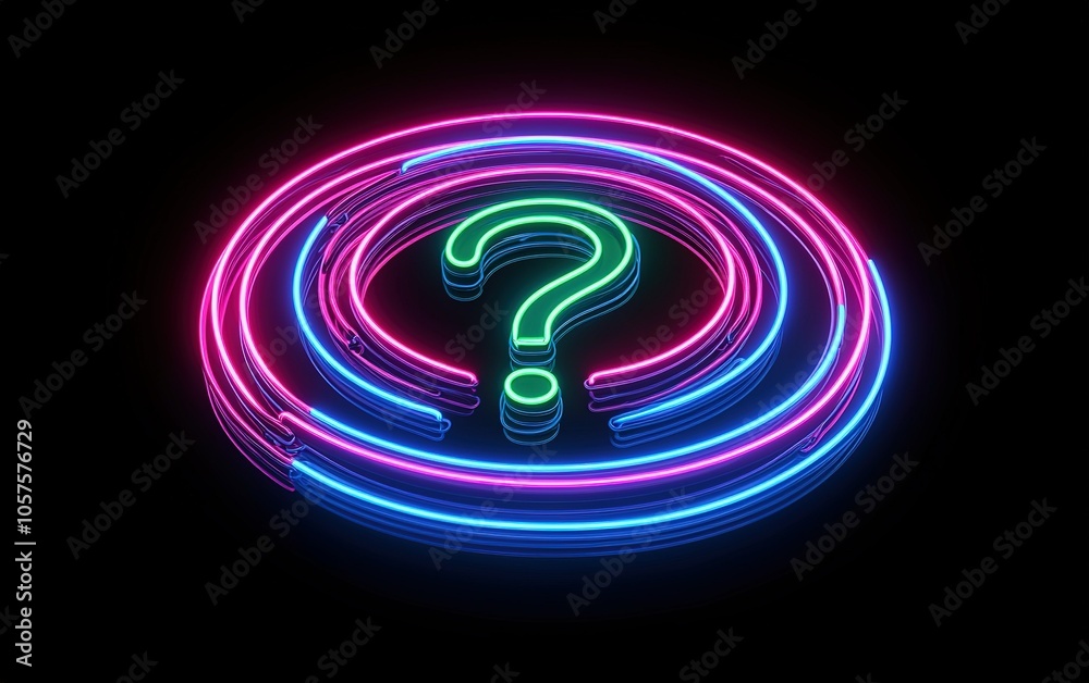 Poster neon question mark illuminated against a dark background, creating a striking visual element in a mo