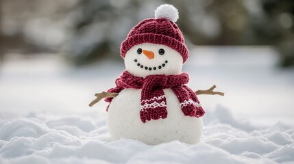 Obraz premium Cheerful snowman wearing a red knitted cap and scarf in a winter scene Perfect for a festive greeting card celebrating the joys of the season with ample copy space