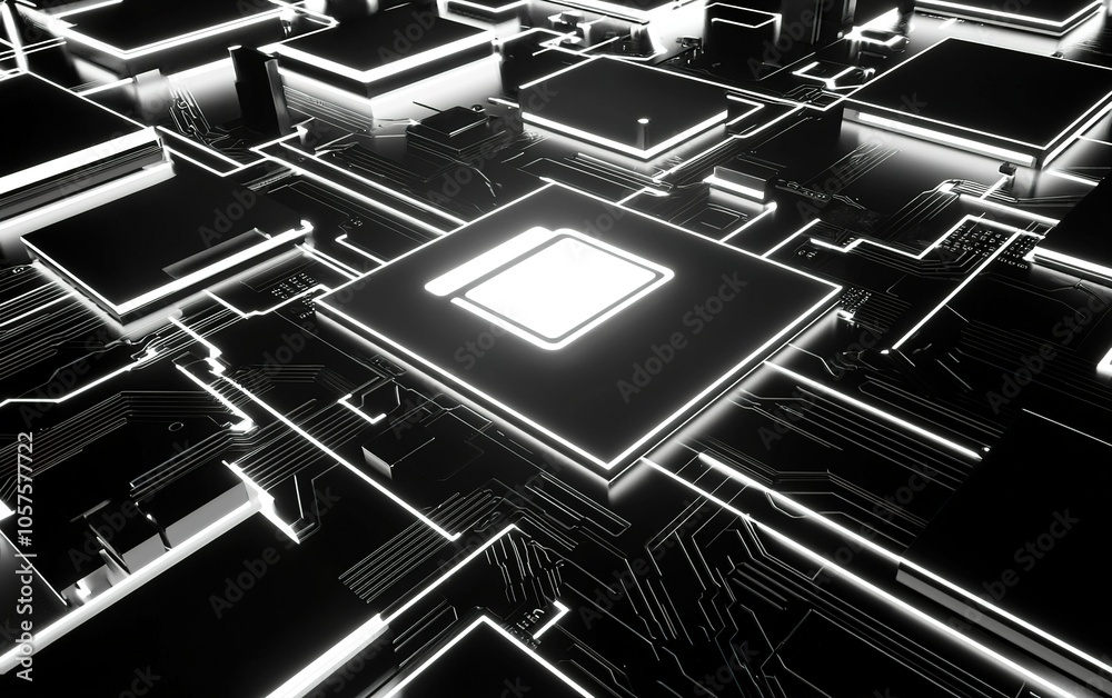 Poster high-tech close-up of a black and white circuit board with illuminated patterns showcasing advanced 