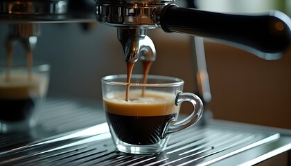 Captivating close-up shot of a professional espresso machine in action.