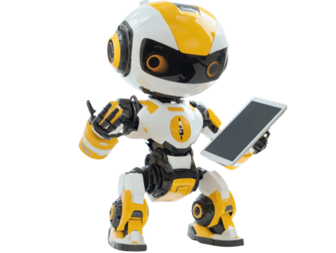 Ai robot using tablet isolated. png