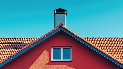 Clean roof of a residential house featuring a chimney and window Close up of a steel chimney with a modern air vent system against a backdrop of red tiles and a clear blue sky