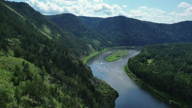 A high-angle drone footage of the beautiful Mana river in siberia, Russia