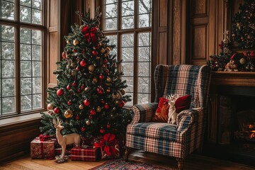Obraz premium Elegant cabin interior featuring a beautifully decorated Christmas tree with red and gold ornaments, and a cozy plaid armchair with deer motifs.