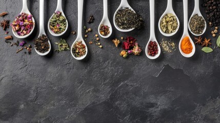 Ceramic spoons filled with dried herbs flower buds and tea leaves alongside spices set against a stone background viewed from above