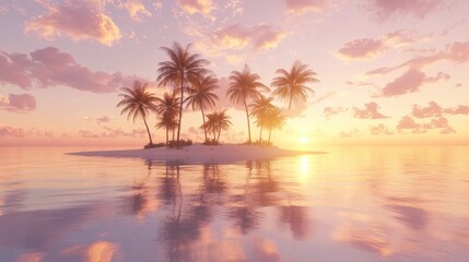 Fototapeta premium A serene coastal view showcases palm trees on an island mirroring warm sunset hues over calm waters and a sandy beach