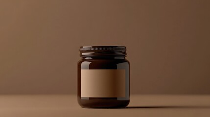 Chocolate spread jar with a blank label mockup displayed against a neutral brown studio background