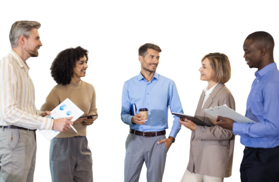 Business meeting - manager discussing work with his colleagues on a transparent background