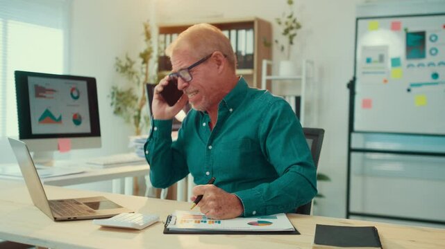 Collage showcasing the emotional rollercoaster of a senior manager as he navigates work challenges, from phone calls to analyzing reports, capturing the highs and lows of office life