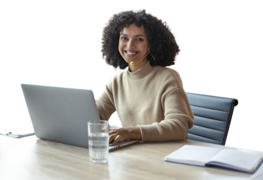 Beautiful african smiling call center worker in headphones is working on a transparent background - Powered by Adobe