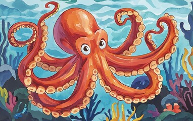 Fototapeta premium A vibrant orange octopus gracefully swims among colorful coral reefs in a lively underwater scene