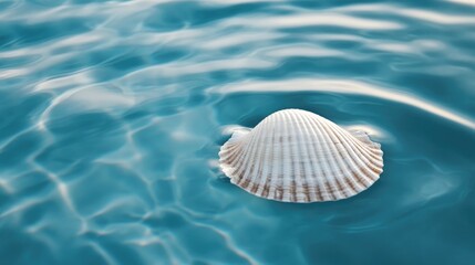 A solitary white seashell floats on calm azure waters inviting you to embrace the beauty of nature
