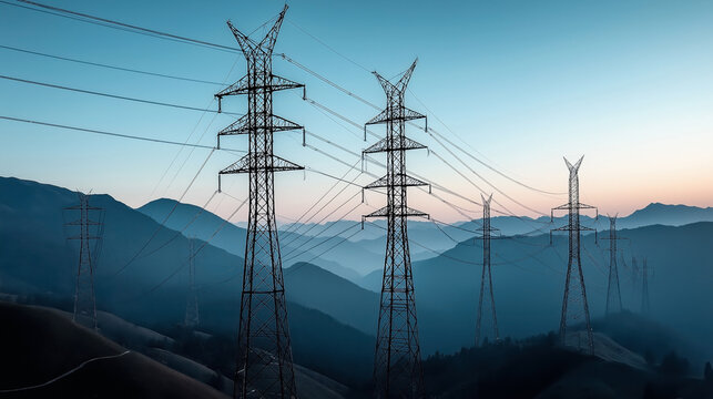High-voltage power lines and electricity pylons in a mountainous landscape during sunset, with a pastel sky and misty hills in the background.