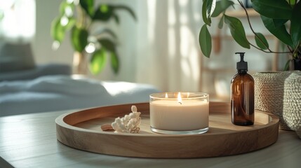 Candle and natural aromatherapy create a relaxing spa atmosphere on a wooden tray emphasizing health skincare and wellness in a luxury treatment setting